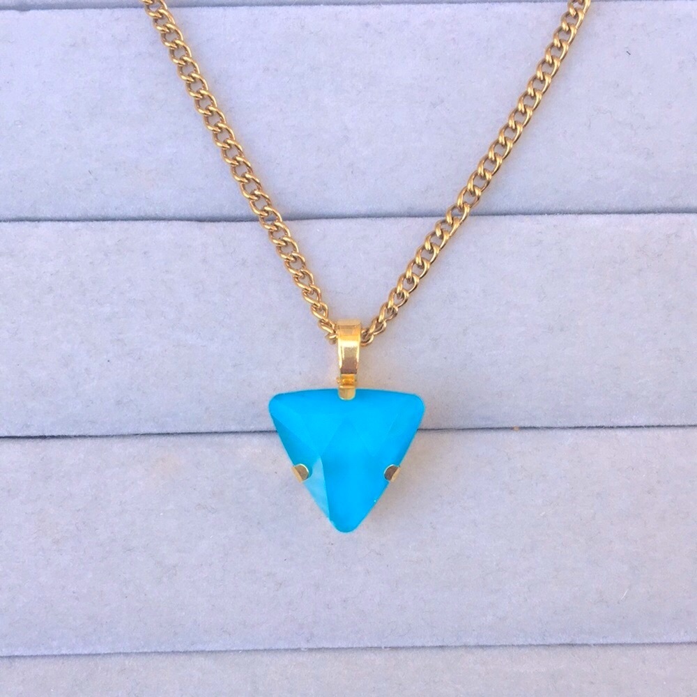 Aquamarine Turquoise Blue +Gold Crystal Triangle Boho Drop Pendant Necklace